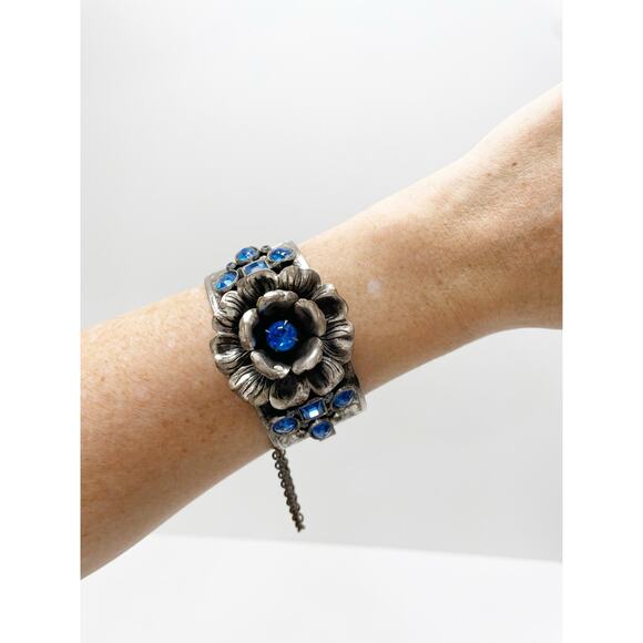 Vintage Ornate Flower Cuff Silver With Blue Stones Bohemian Bracelet